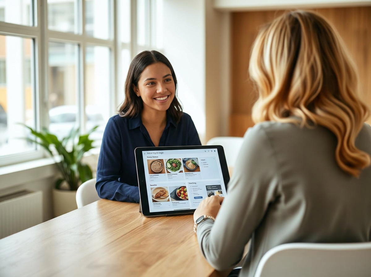 Wellness consultant reviewing a personalized health plan on a tablet with a client