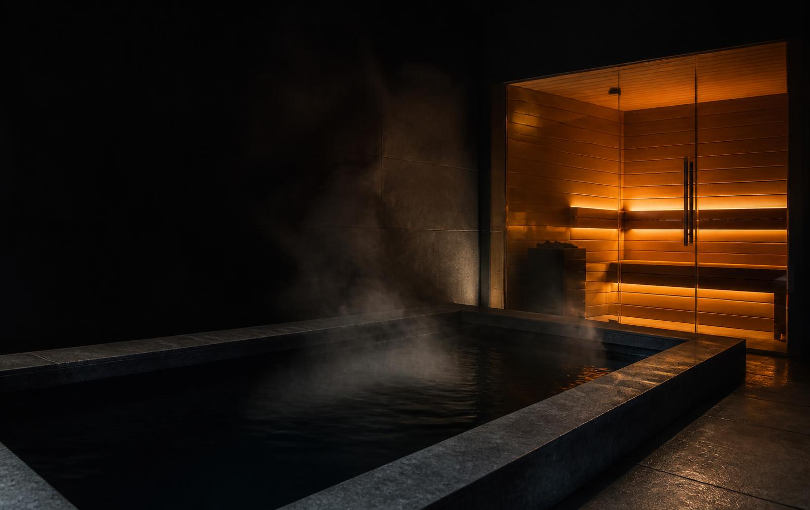 Amber-lit sauna beside a steaming cold plunge pool